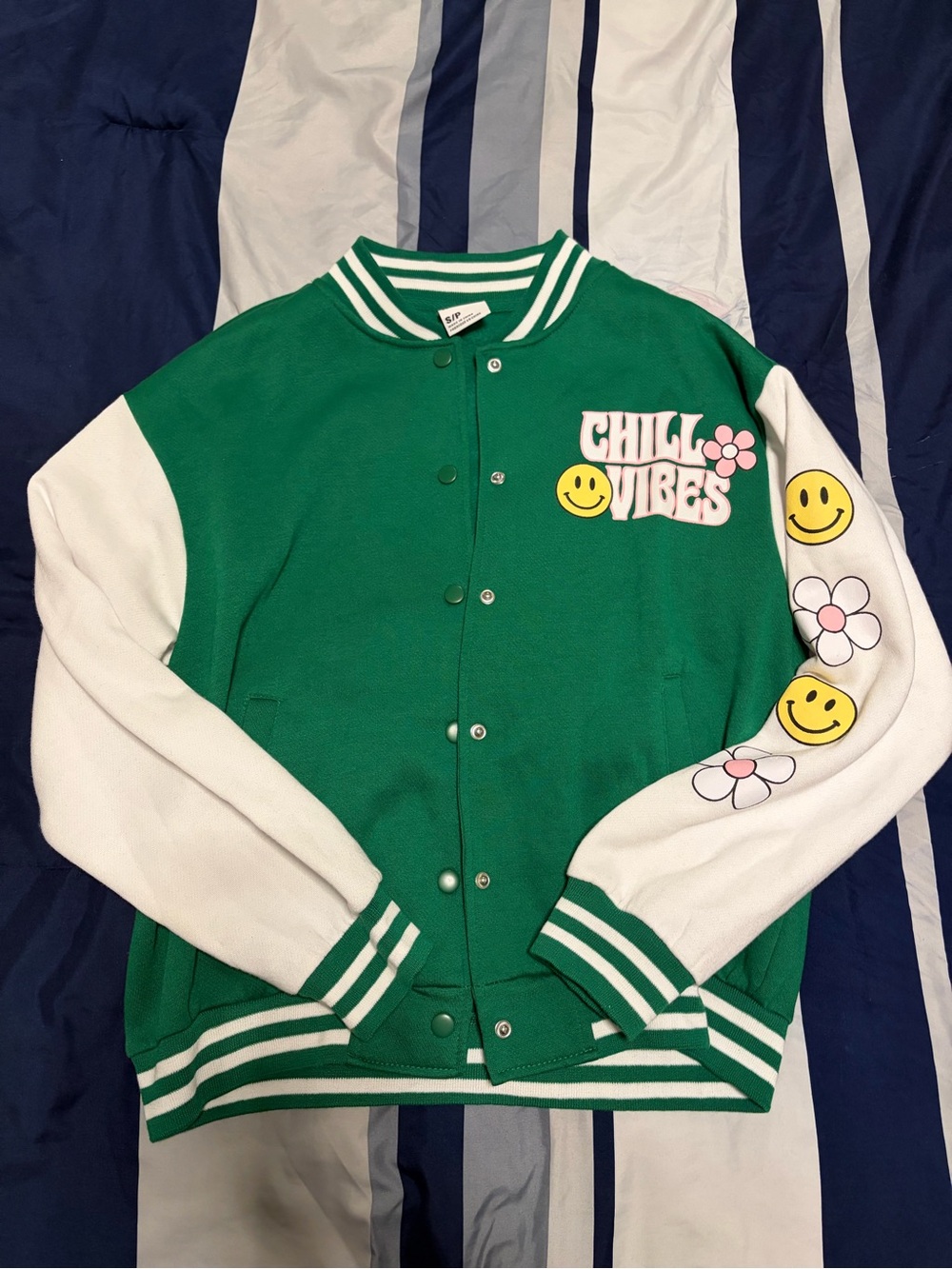 Urban Planet Green and White "Chill Vibes" Varsity Jacket